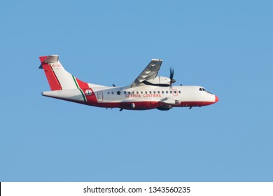 Sicily, Italy - August 22, 2016: Italian Coast Guard Plane In Search Of Refugees Boats In  Mediterranean Sea.