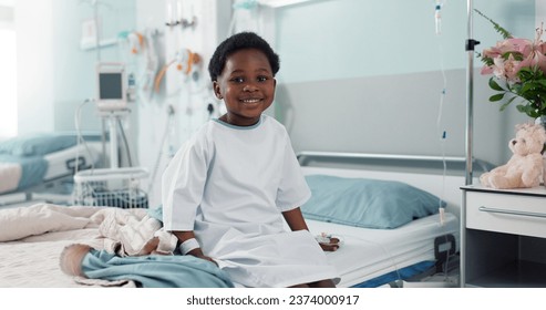 Sick African boy child, hospital and bed with face, smile and rest for recovery from surgery, treatment or healthcare. Patient kid, happy and portrait to relax, sitting and clinic for rehabilitation - Powered by Shutterstock