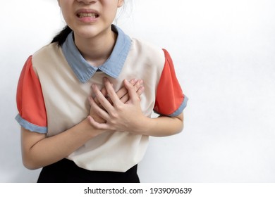 Sick Asian Child Girl Having Difficulty Breathing,patient Suffering From Pain In Chest Feel Tight,acute Dyspnea,asthma,shortness Of Breath,problems Of Heart Attack,chronic Health Congenital Disease