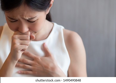 Sick Asian Woman Coughing, Hiccupping, Choking