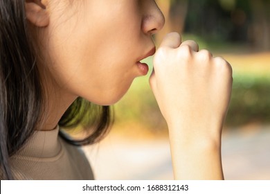 Sick Asian Woman Suffer From Chronic Cough With Pulmonary Tuberculosis,pneumonia,ill Child Girl With Fever,cough,sore Throat,symptoms Of Bacterial,virus,cold,flu Infections,respiratory Tract Infection