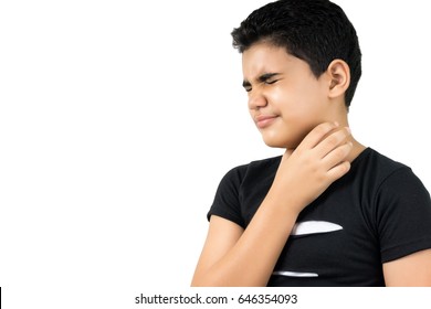 Sick boy with a sore throat isolated on white