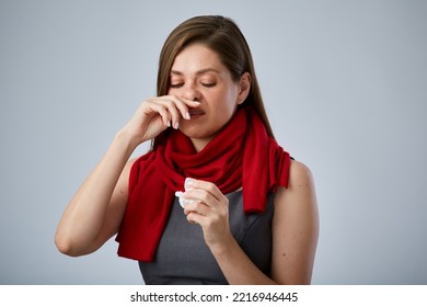 Sick Business Woman Wearing Red Scarf Using Tissue For Her Nose, Isolated Advertising Portrait.