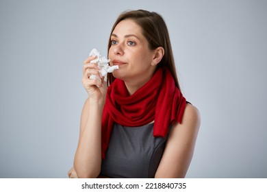 Sick Business Woman Wearing Red Scarf Using Tissue For Her Nose, Isolated Advertising Portrait.