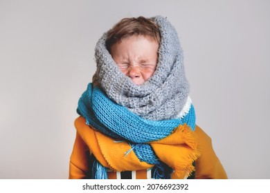 The Sick Child Covered His Neck With Scarves. School Child Boy With Allergic. Flu Season. Kid With Cold Rhinitis, Get Cold. Back To School. Child Catch Cold. 