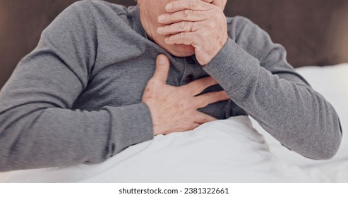 Sick, cough and closeup of senior man in bed with allergies, flu or cold on weekend morning at home. Illness, chest pain and zoom of elderly male person in retirement with asthma in bedroom at house. - Powered by Shutterstock