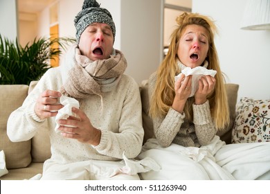 Sick Couple Catch Cold. Man And Woman Sneezing, Coughing. People Got Flu, Having Runny Nose.