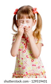 Sick Or Crying Child Wiping Or Cleaning Nose With Tissue Isolated