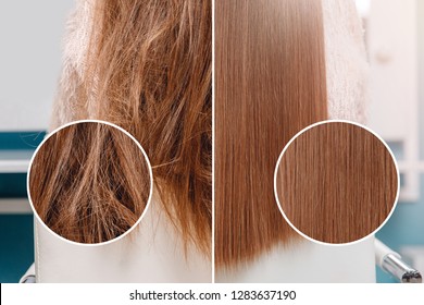 Sick, cut and healthy hair care straightening. Before and after treatment.
