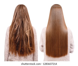 Sick, Cut And Healthy Hair Care Keratin. Before And After Treatment.