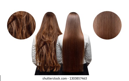 Sick, Cut And Healthy Hair Care Keratin. Before And After Treatment.