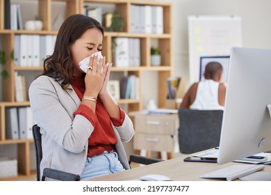 Sick, Ill And Sneezing Business Woman With Cold, Flu Or Allergy While Working At Office. Workaholic Or Manager Trying To Work At Desk With Covid Disease Virus Or Bad Work Life Balance At Workplace