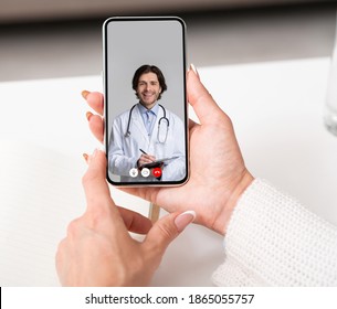 Sick Lady Talking With Doctor Online Via Video Call On Smartphone Sitting At Home. Physician Consulting Patient From Cellphone Screen. Distance Remote Medical Consultation Via Phone Chat. POV, Collage