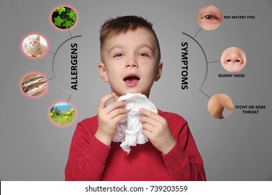 Sick Little Boy And List Of Allergies Symptoms And Causes On Grey Background