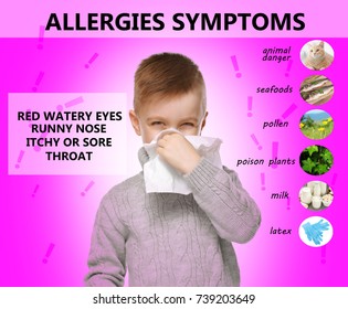 Sick Little Boy And List Of Allergies Symptoms And Causes On Color Background