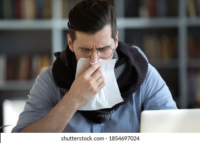 Sick Male Office Employee Cover Neck With Warm Scarf Hold Paper Tissue Blowing Running Nose Sneezing In Handkerchief, Got Flu, Caught A Cold, Has Covid-19 Symptoms Need Medications, Sick Leave Concept