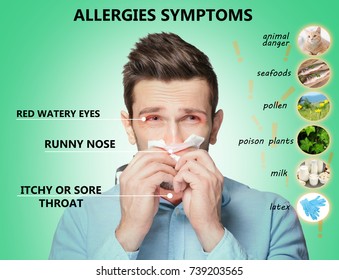 Sick Man And List Of Allergies Symptoms And Causes On Green Background