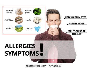 Sick Man And List Of Allergies Symptoms And Causes On White Background