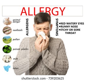 Sick Man And List Of Allergies Symptoms And Causes On White Background