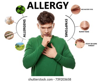 Sick Man And List Of Allergies Symptoms And Causes On White Background