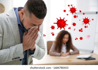 Sick Man Sneezing In Office. Dangerous Virus