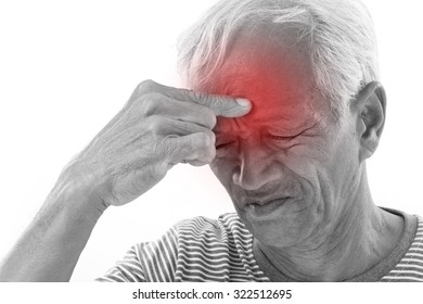 Sick Old Man Suffering From Headache, Migraine With Red Alert Accent