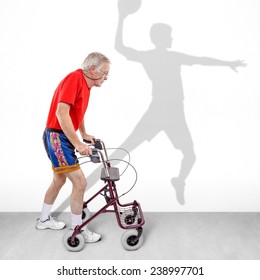 Sick old man walking with a walker along with a shadow of a young athlete on the wall. Concept for youth passing like a shadow or hope for health rehabilitation or recovery motivation.