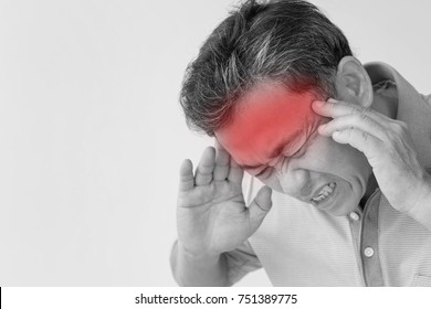 sick old senior man headache, dizzyness, sinus inflammation, stress, migraine