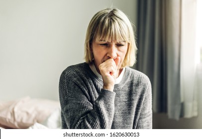 Sick Senior Adult Elderly Asia Women Feeling Unwell Coughing With Sore Throat.Healthcare And Medicine Concept