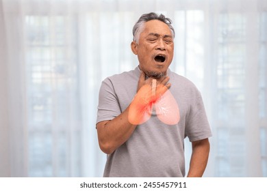Sick senior man touching neck unwell coughing with sore throat pain,lung cancer,bronchitis,Bronchial Asthma,Tuberculosis,pneumonia,covid-19,eco air pollution pm2.5.insurance and hospital