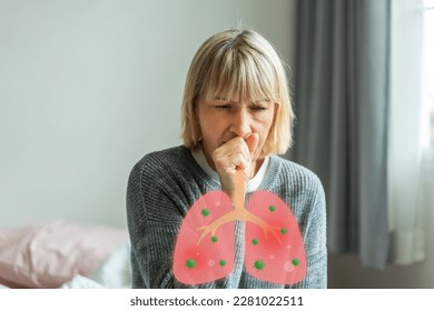 Sick senior women touching neck unwell coughing with sore throat pain,lung cancer,bronchitis,Bronchial Asthma,Tuberculosis,pneumonia,covid-19,eco air pollution pm2.5.insurance and hospital - Powered by Shutterstock