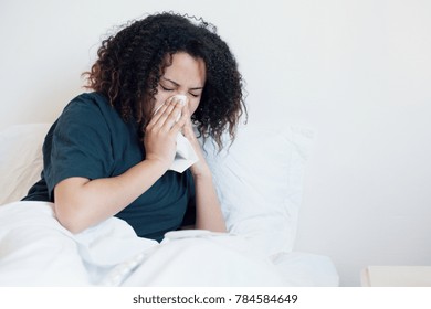 Sick And Tired Black Woman Lying In The Bed , Copy Space For Text