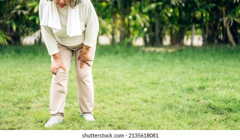 Sick Unhappy Senior Adult Elderly Asian Woman Touching Her Muscle Injury Leg Suffering From Muscles Knee Pain Ache In Park At Home.physical Injury And  Healthcare Problem