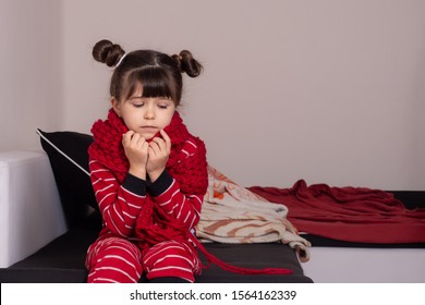 Sick Upset Kid Girl Touching Neck, Suffering From Sore Throat. Unhappy Child Feeling Bad, Unwell, Painful Swallowing, Illness Concept.