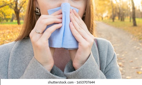 Sick Woman Blew Her Nose, Blocked Nose, Female Hands, Cropped Image, Close Up