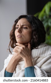 Sick Woman Having Swollen Lymph Glands Caused By Upper Respiratory Infection, Selective Focus Of Unhealthy Female Suffering From Extreme Pain In Throat And Cold Symptoms. Lymphadenopathy Concept