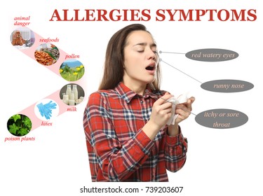 Sick Woman And List Of Allergies Symptoms And Causes On White Background