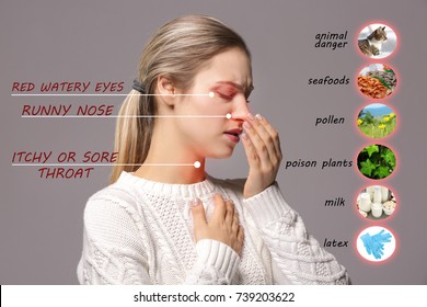 Sick Woman And List Of Allergies Symptoms And Causes On Grey Background