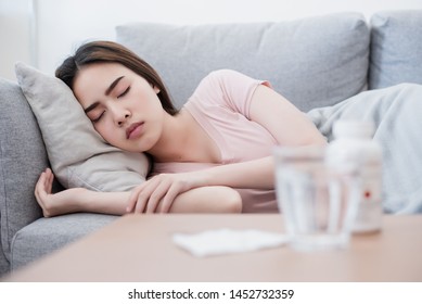 The Sick Woman Is Sleeping After Swallowing Pills.
