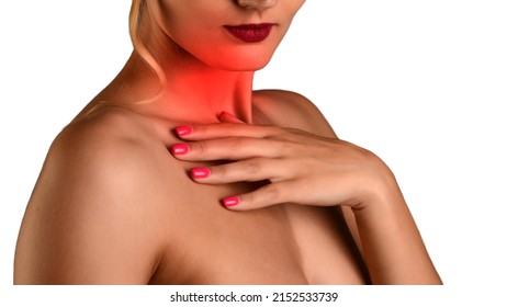 Sick Woman Suffer From Sore Throat Touch Enlarged Lymph Nodes Staying Home On Sick Leave. Unhappy Young Female With Coronavirus Disease, Angina Or Pharyngitis Illness Symptoms. Girl Feeling Discomfort