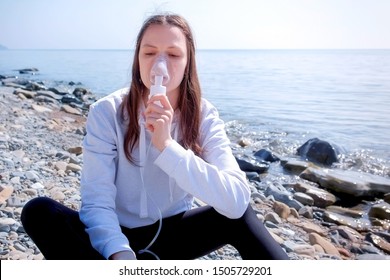 Sick woman uses nebulizer on seaside. Inhaling inhaler mask. Fibrosis cystic copd and treatment inhaler. Asthma pulmonary, respiratory breath problem and cure. Painkiller sedative gas oxygen.