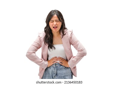 Sick young asian woman standing on isolated white background  and holding her stomach feeling unwell.                                