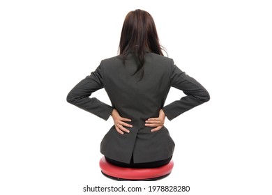 Sick Young Business Asian Woman With Suffering From Backache. Backbone Pain With Blank Copy Space. Thai Girl, Isolated On White Background