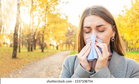 Sick Young Girl Blew Her Nose, Blocked Nose, Autumn Flu, Close Up, 16:9