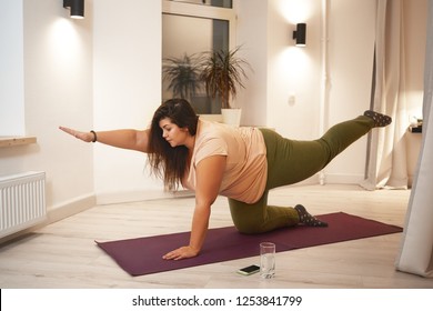 Sid View Of Overweight Obese Young Woman Wearing T-shirt And Leggings Doing Physical Training On Mat To Strengthen Legs, Arms, Abs And Spine. Weght Loss, Fitness, Sports And Active Lifestyle Concept