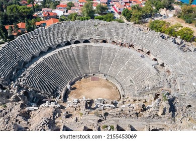 Side Ancient theatre. Turkey. Antalya. Ruins of the ancient city of Side. The largest amphitheater in Turkey. Main street of the ancient city. Mediterranean Sea. View from above. View from above. Side