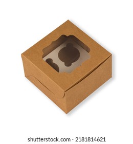 

Side Angle Of Small Brown Cupcake Packaging Box Isolated On A White Background 