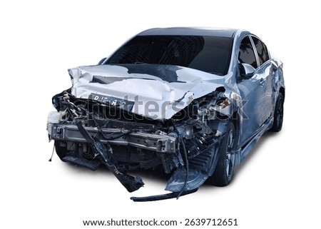 Side Angle View of a Crashed Car with Severe Front-End Damage on White Background