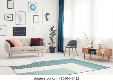 Side Angle View Of A Modern Living Room With Blue Rug, Elegant Sofa And Big Window