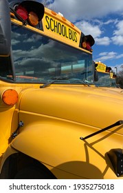 Side Angle Of Yellow School Buses Lined Up